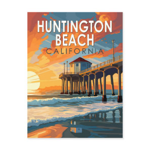 Huntington Beach California Travel Art Vintage Postcard