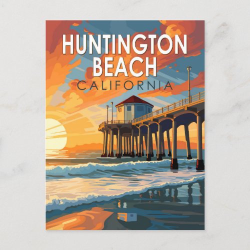 Huntington Beach California Travel Art Vintage Postcard