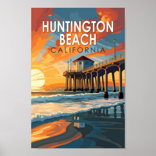 Huntington Beach California Travel Art Vintage Poster