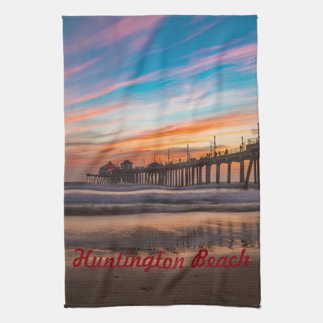 Huntington Beach Pier at sunset Kitchen Towel (Vertical)
