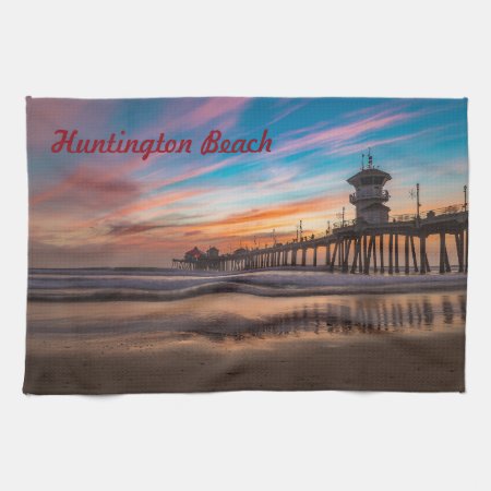 Huntington Beach Pier At Sunset Kitchen Towel