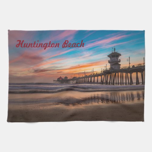 Huntington Beach Pier at sunset Kitchen Towel