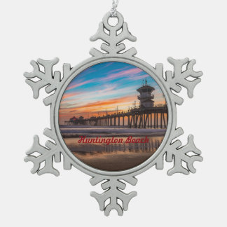 Huntington Beach Pier at sunset Snowflake Pewter Christmas Ornament