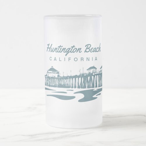 Huntington Beach Pier CA _ Custom Illustration Frosted Glass Beer Mug