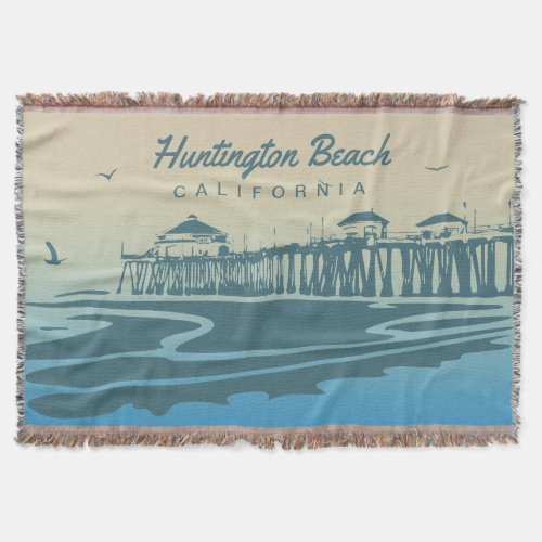 Huntington Beach Pier CA _ Custom Illustration Throw Blanket