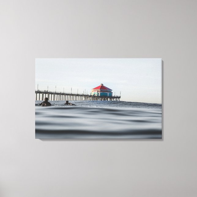 Huntington Beach Pier Surfers Stretched Canvas Art (Front)