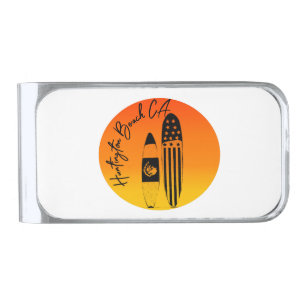 Huntington Beach Surfboards and Sunsets Silver Finish Money Clip