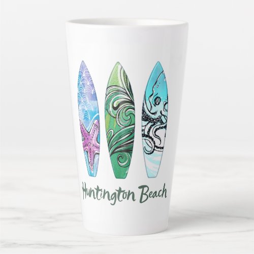 Huntington Beach Watercolor Surfboards Latte Mug