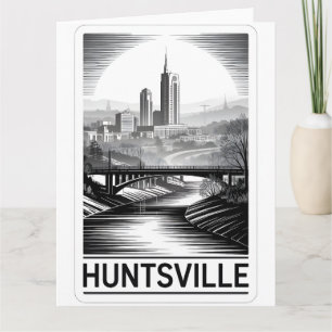 Huntsville Alabama Skyline Black White Woodcut Card