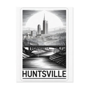 Huntsville Alabama Skyline Black White Woodcut Holiday Postcard