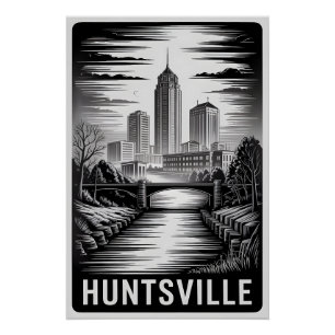 Huntsville Alabama Skyline Black White Woodcut Poster