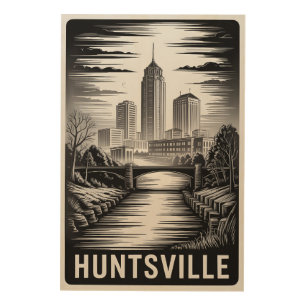 Huntsville Alabama Skyline Black White Woodcut Wood Wall Art