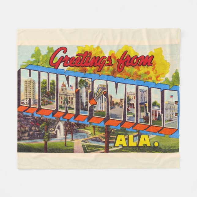Huntsville Alabama Vintage Large Letter Postcard Fleece Blanket (Front (Horizontal))