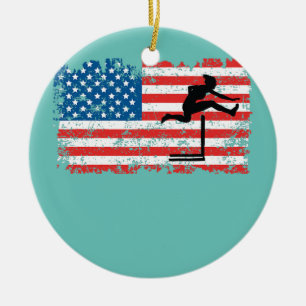 Hurdler Woman Girl Female American Flag Hurdles Ceramic Ornament