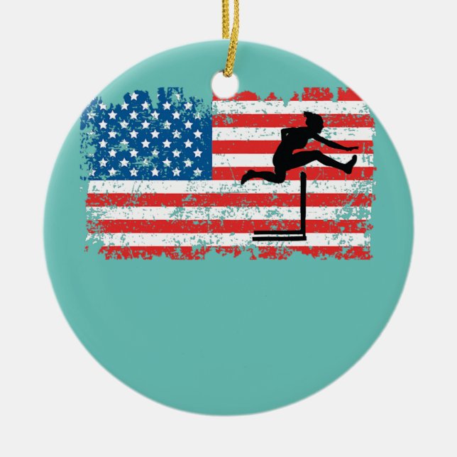 Hurdler Woman Girl Female American Flag Hurdles  Ceramic Ornament (Front)