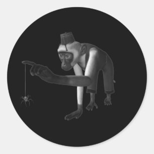 Hurdy Gurdy 3D Music Monkey & Spider Black & White Classic Round Sticker