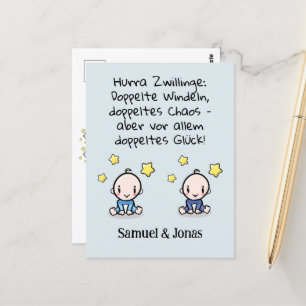 Hurra twins, congratulations birth, with name. postcard