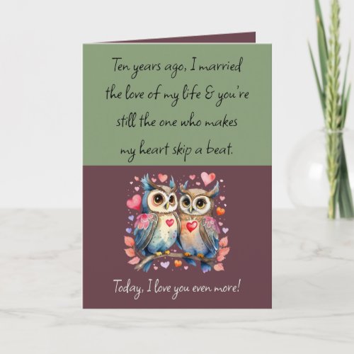 Husband 10th Anniversary owls green burgundy Card