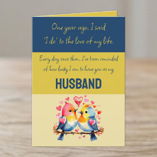 Husband 1st Anniversary blue gold cute birds Card