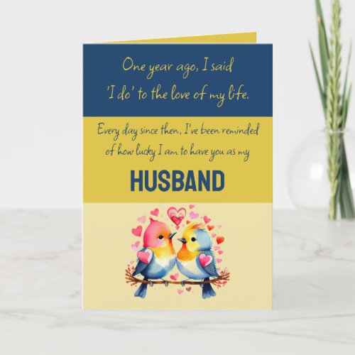 Husband 1st Anniversary blue gold cute birds Card