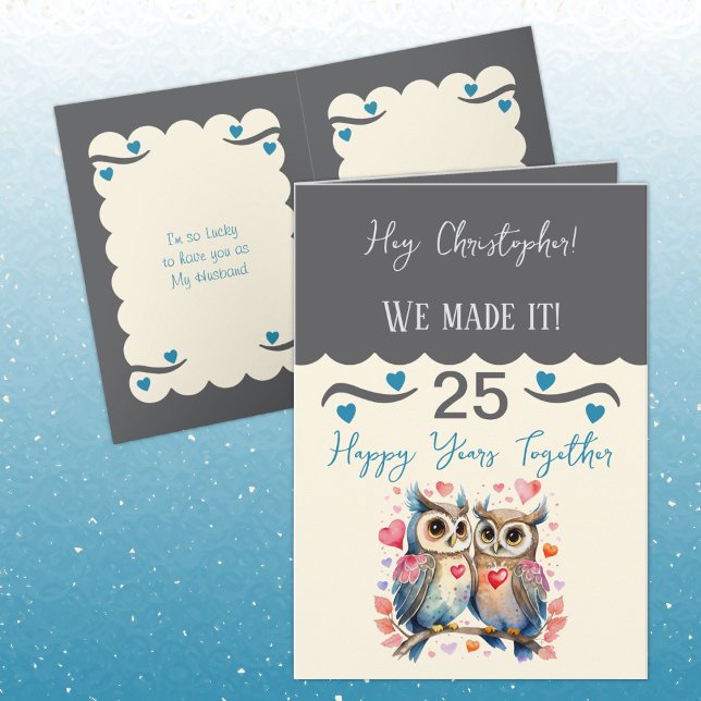 Husband 25th anniversary owls grey blue card (Creator Uploaded)
