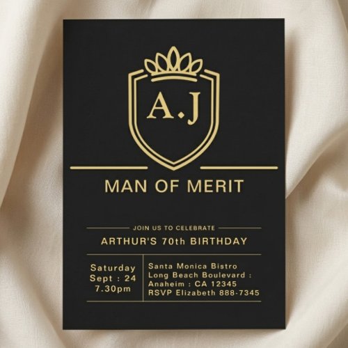 Husband 70th Birthday 70 Years Black Gold Party Invitation