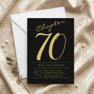 Husband 70th Birthday Seventy Black Gold Party Inv Invitation