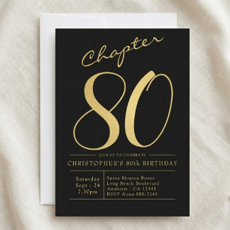 Husband 80th Birthday 80 Year Old Black Gold Invitation