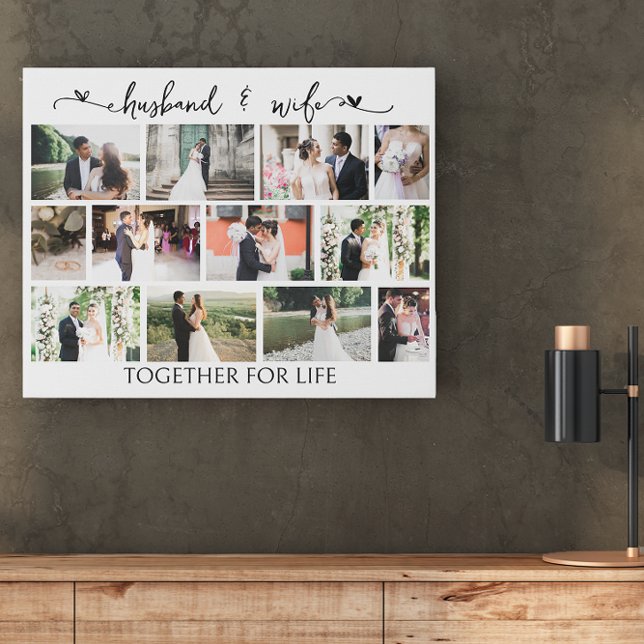 Husband and Wife Wedding Photo Masonry Grid Faux Canvas Print (Wedding Photo Collage on Canvas with editable text by Darling & May)