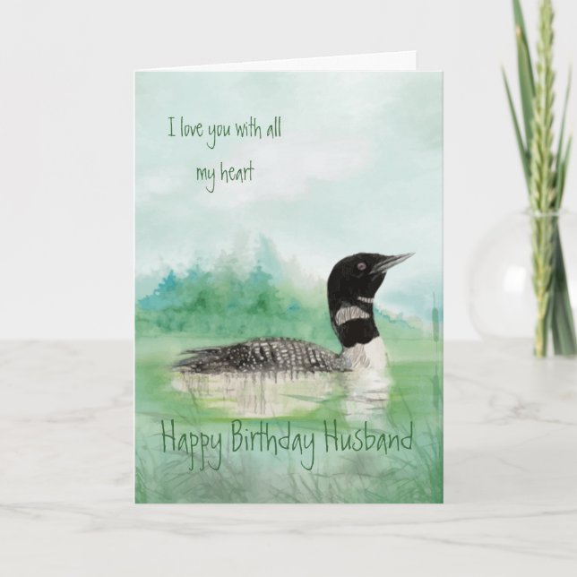 Husband Birthday Love my Heart Loon Bird Art Card (Front)