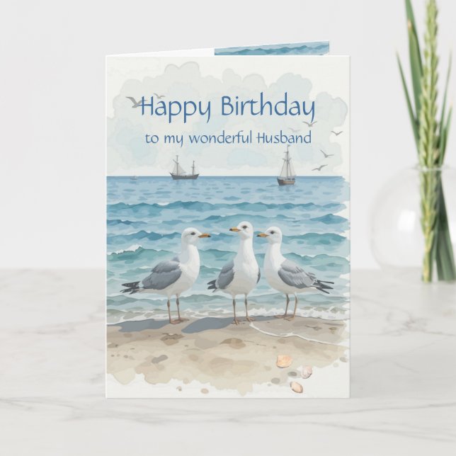 Husband Birthday, Romantic, Seagull Beach, Shore Card (Front)