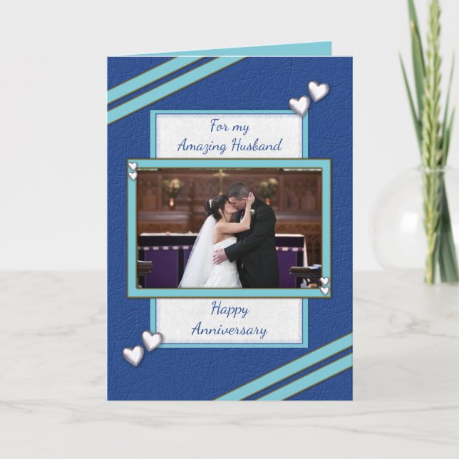 Husband blue Wedding Anniversary photo greeting Card (Front)