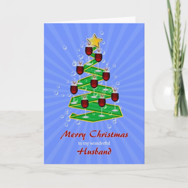 Husband, Christmas Tree with Wine Holiday Card (Front)