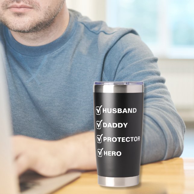 Husband, Daddy, Protector, Hero Gift Black   Insulated Tumbler (Father's Day Gift for Husband or Dad with Checkboxes and Personalized Text Tumbler Gift for Him)