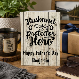 Husband Daddy Protector Hero Rustic Wood Father’s Cards