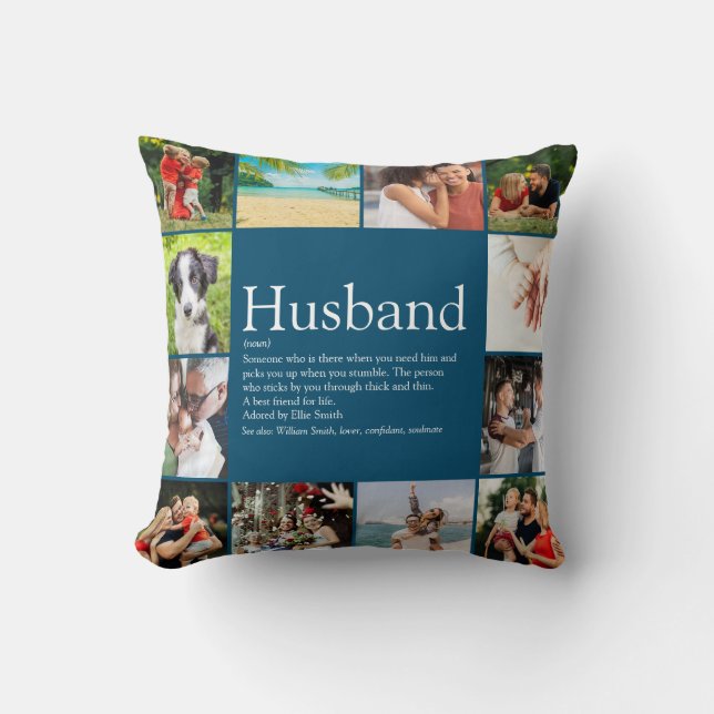 Husband Definition 12 Photo Fun Modern Blue Throw Pillow (Front)