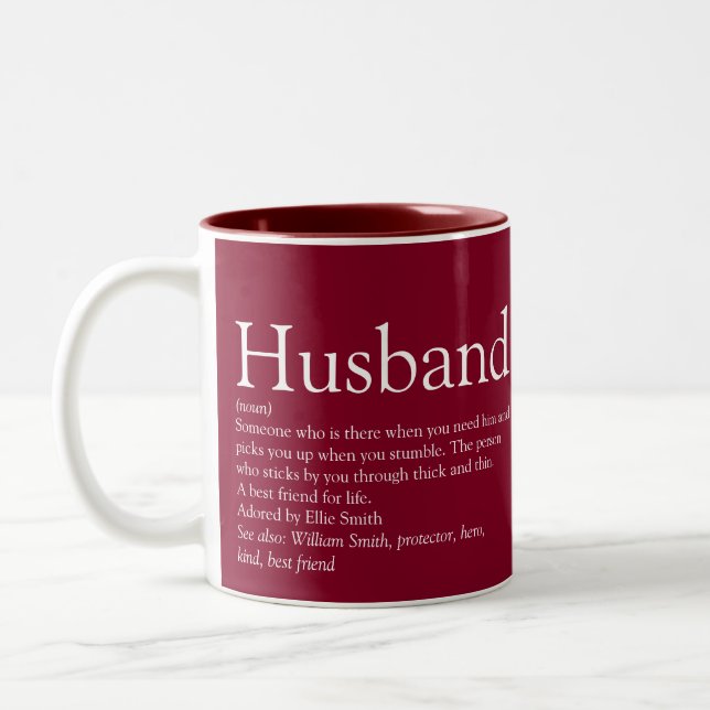 Husband Definition Quote Modern Burgundy Two-Tone Coffee Mug (Left)