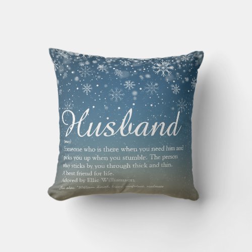 Husband Definition Quote Winter Snowflakes Throw Pillow