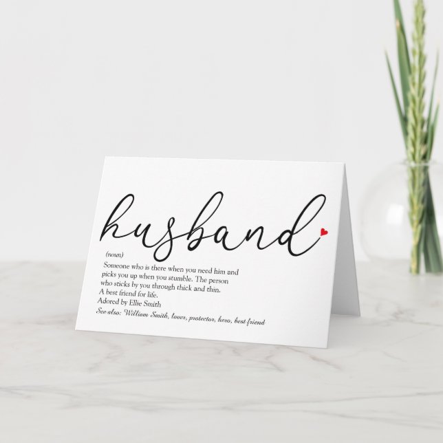 Husband Definition Script Red Love Heart Card (Front)