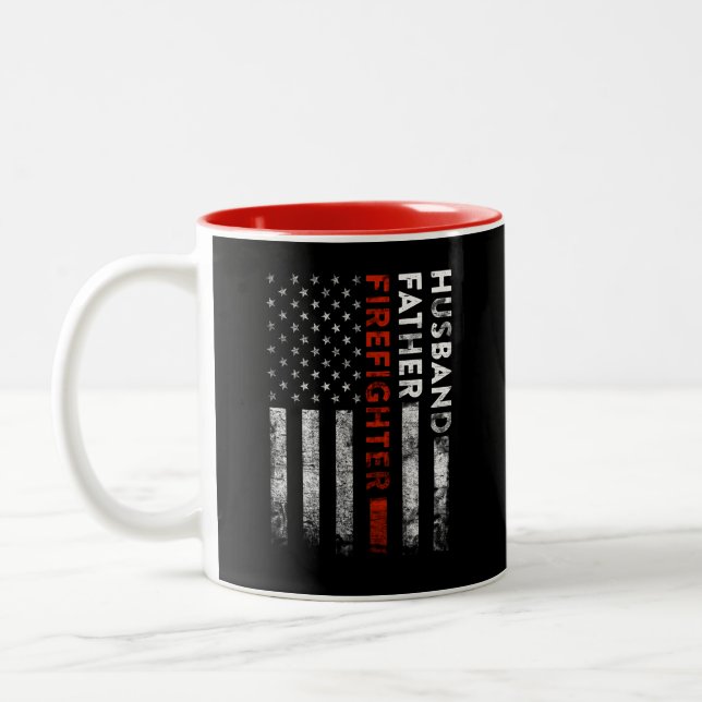 Husband, Father, Firefighter American Flag Two-Tone Coffee Mug (Left)