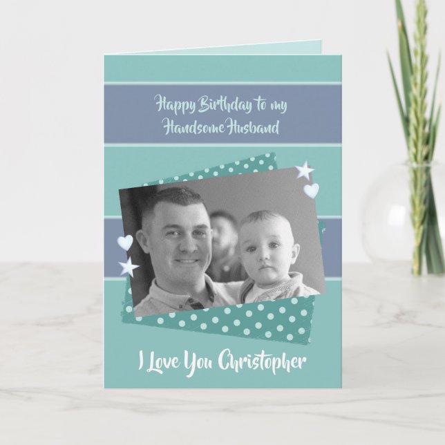 Husband green & purple Birthday photo greeting Card (Front)