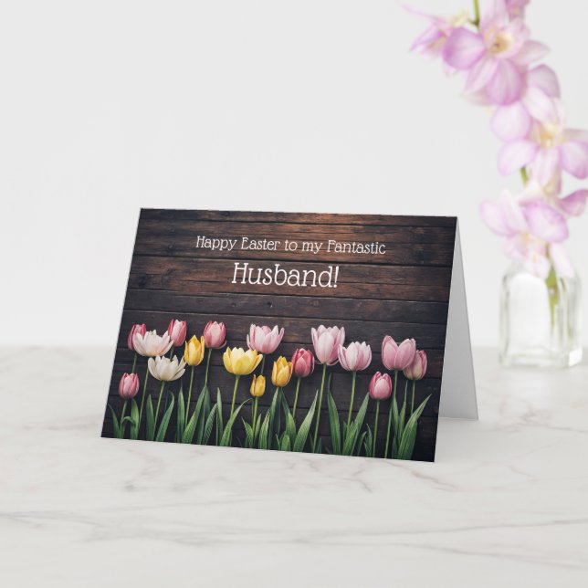 Husband Happy Easter with Tulips and Rustic Wood  Card (Orchid)