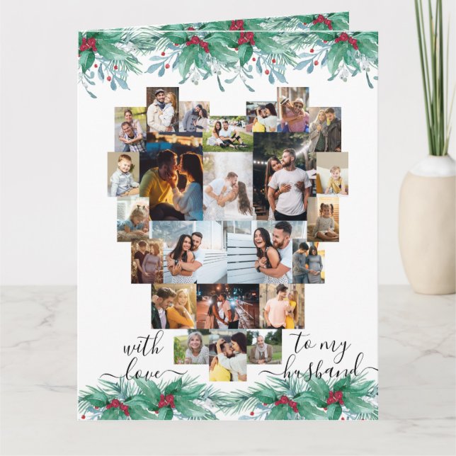 Husband Heart Photo Collage Holly and Mistletoe Card (Front)