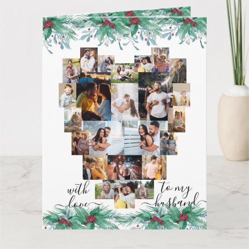 Husband Heart Photo Collage Holly and Mistletoe Card