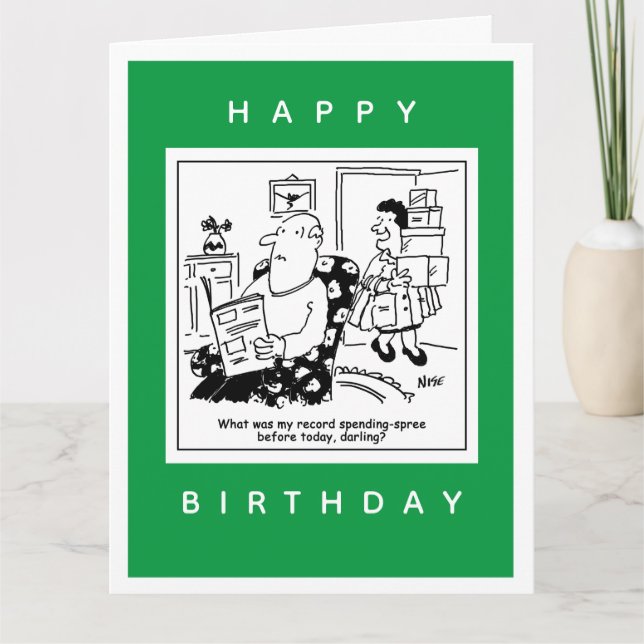 Husband in Shock at Wife's Spending Spree Cartoon Card (Front)