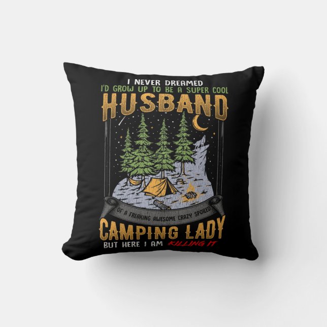 Husband of a Camping Lady Wife Dad Camper Throw Pillow (Front)