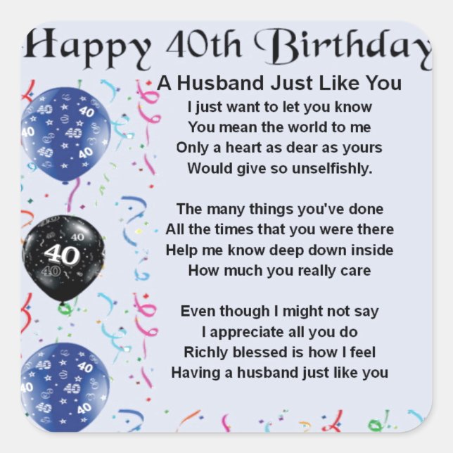 Husband Poem  -  40th Birthday Square Sticker (Front)