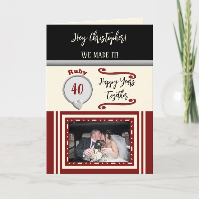Husband ruby 40th anniversary black cream photo card (Front)