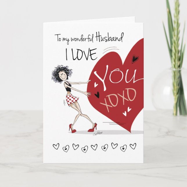 Husband Valentine, Quirky Girl pulling Huge Heart Holiday Card (Front)