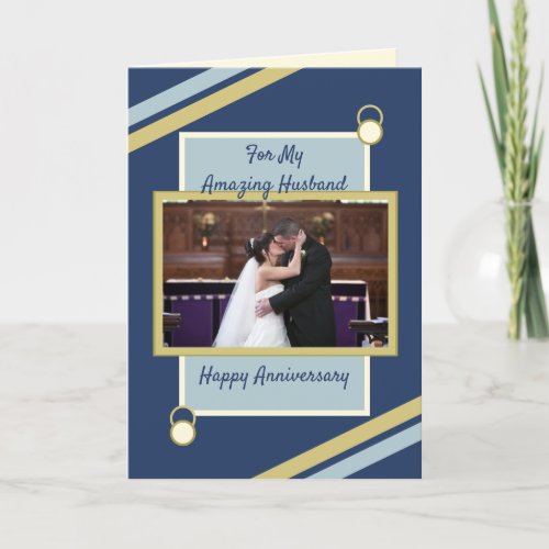 Husband Wedding Anniversary blue gold photo Card